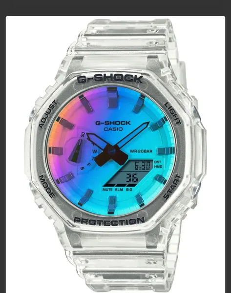 Casio G-Shock GA-2100 Iridescent Rainbow Dial Clear plastic stare bun