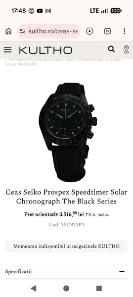 Seiko Prospex Speedtimer Solar Chronograph The Black Series SSC923P1 oțel stare excelent
