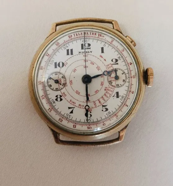 Nicely Telemetre Chronograph Monopusher, carcasă aurie, cadran alb aur stare bun