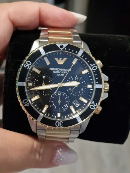 Emporio Armani Chronograph World Explorer Solar, bicolor, cadran albastru AR11680 oțel stare nou