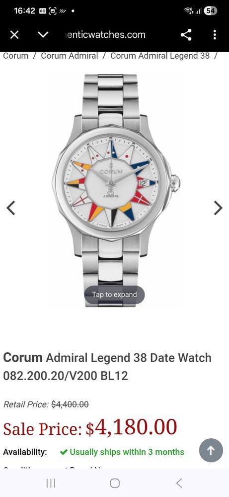 Corum Admiral Legend 38 082.200.20/V200 BL12 otel stare excelent