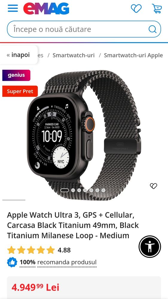 Apple Watch Ultra 3 Black Titanium Milanese Loop titan stare nou